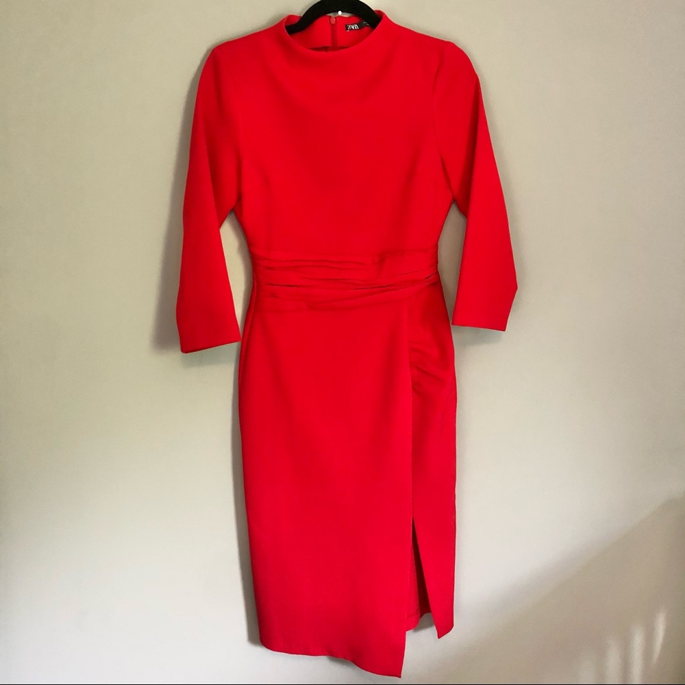 Zara Red Mock Collar Long Sleeve Dress